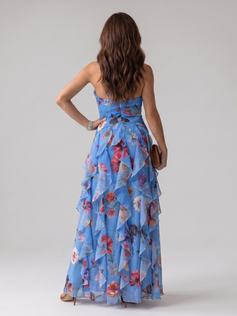 Teresa | Vestido Maxi Floral con Escote Halter y Cuerpo Fruncido