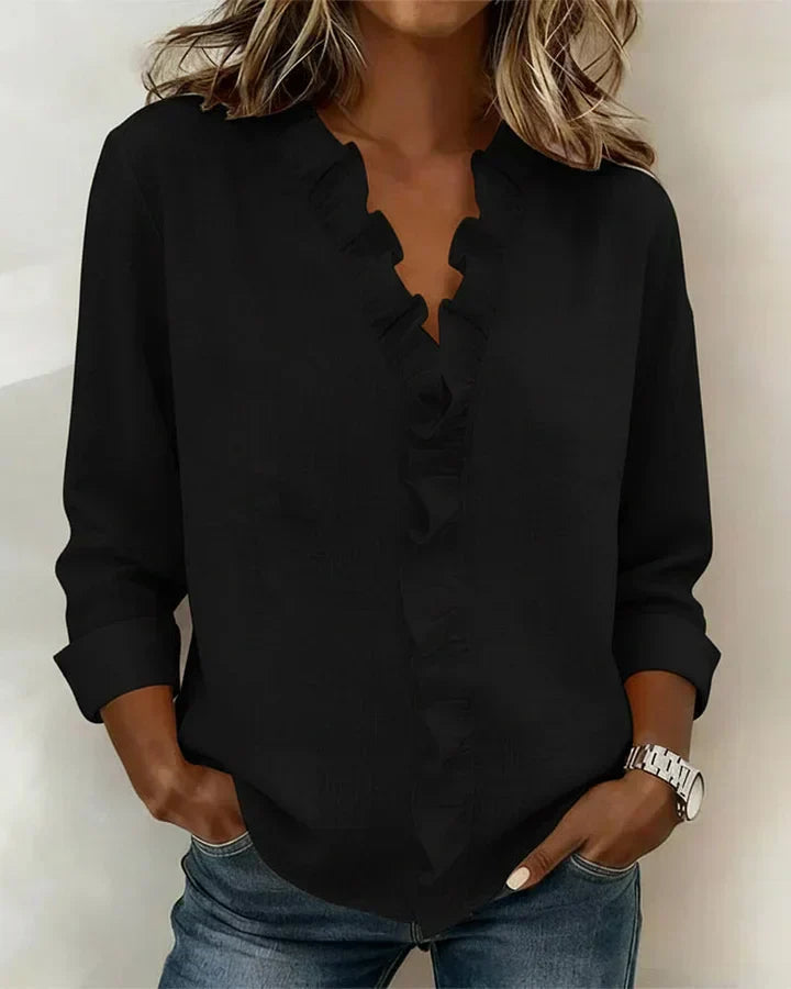 Vera | Blusa con Volantes, Escote en V y Mangas Largas