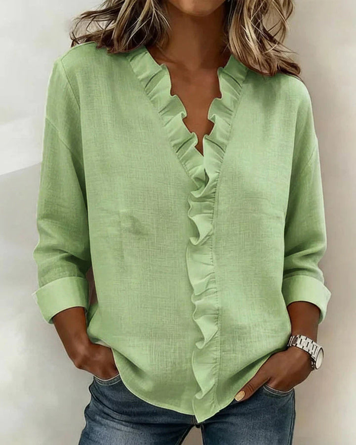 Vera | Blusa con Volantes, Escote en V y Mangas Largas