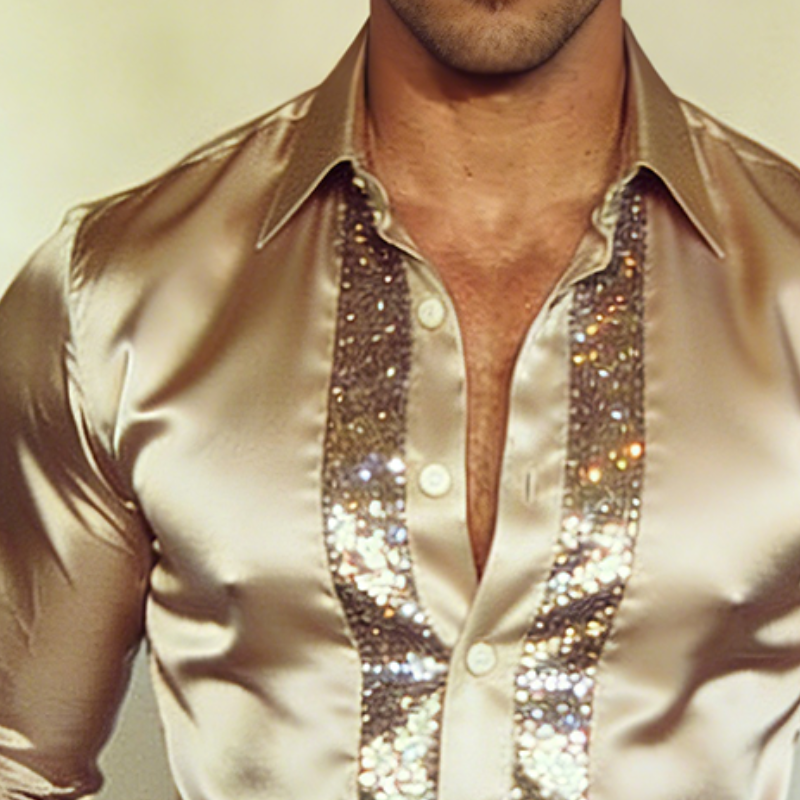 Men's Vintage-Inspired Satin Sequin Patchwork Long Sleeve Shirt with Lapel - Model MTA1729L6TO