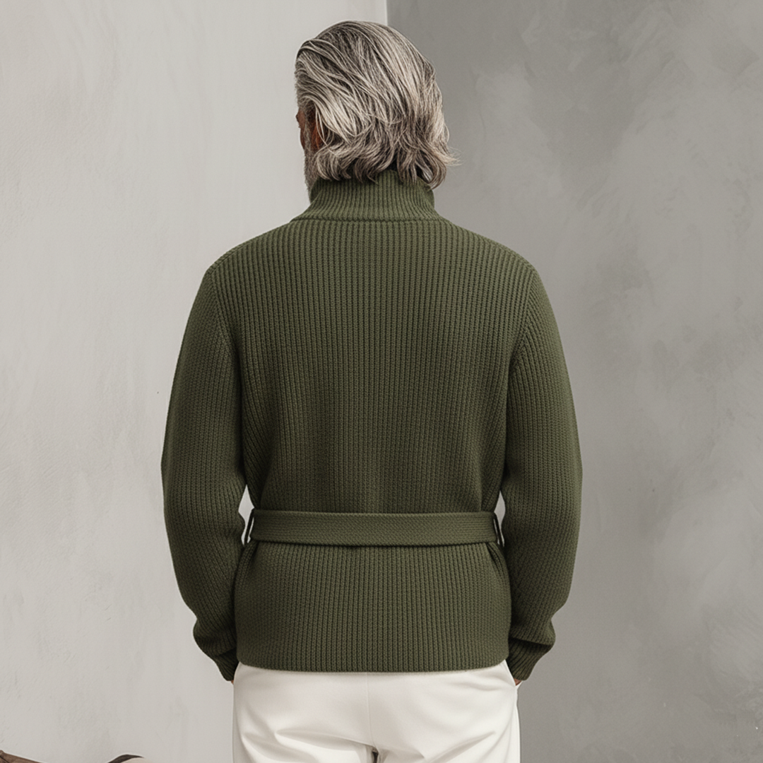 Cárdigan de punto clásico informal para hombre con cremallera, cuello alto y cinturón