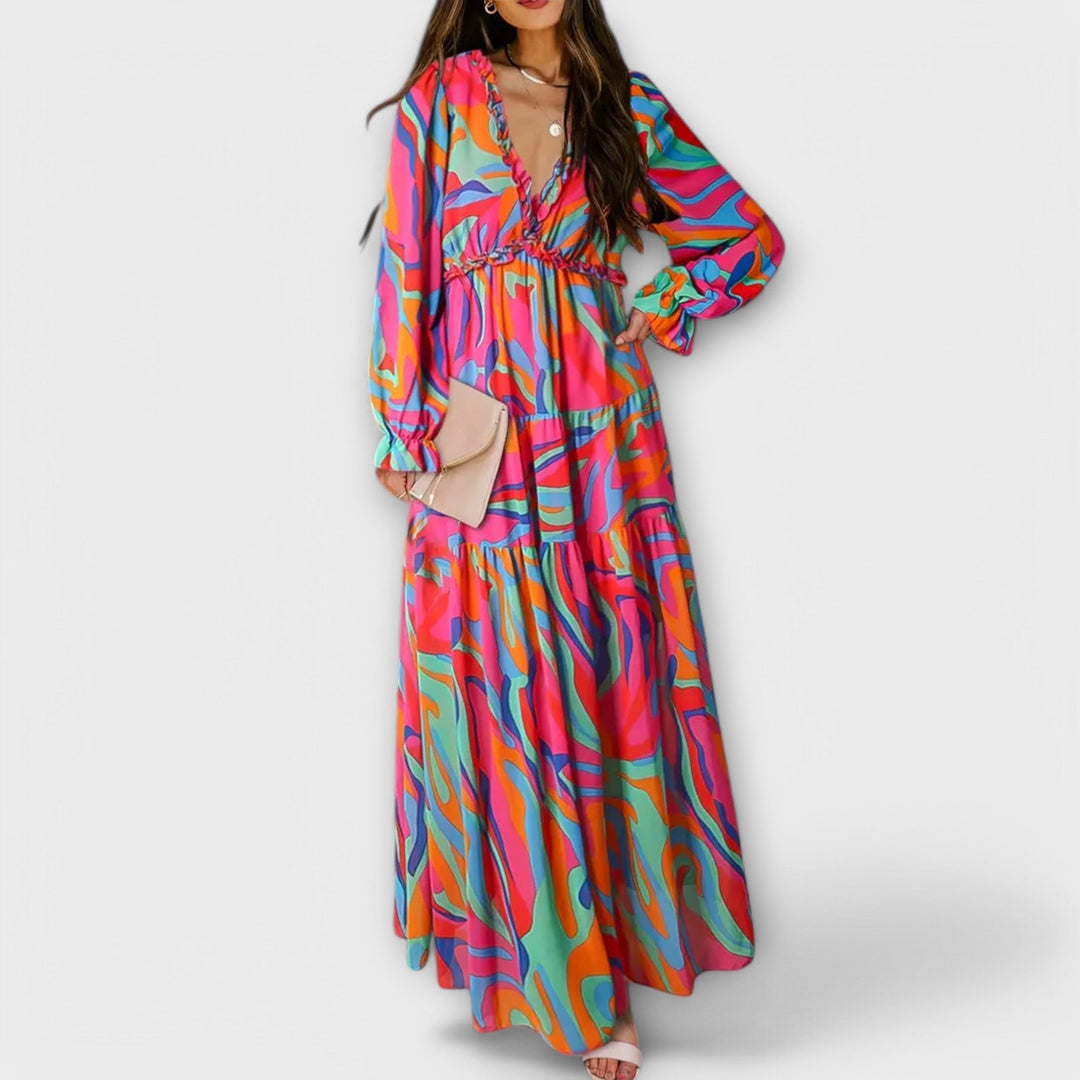Vestido Maxi Floral Elegante de Manga Larga