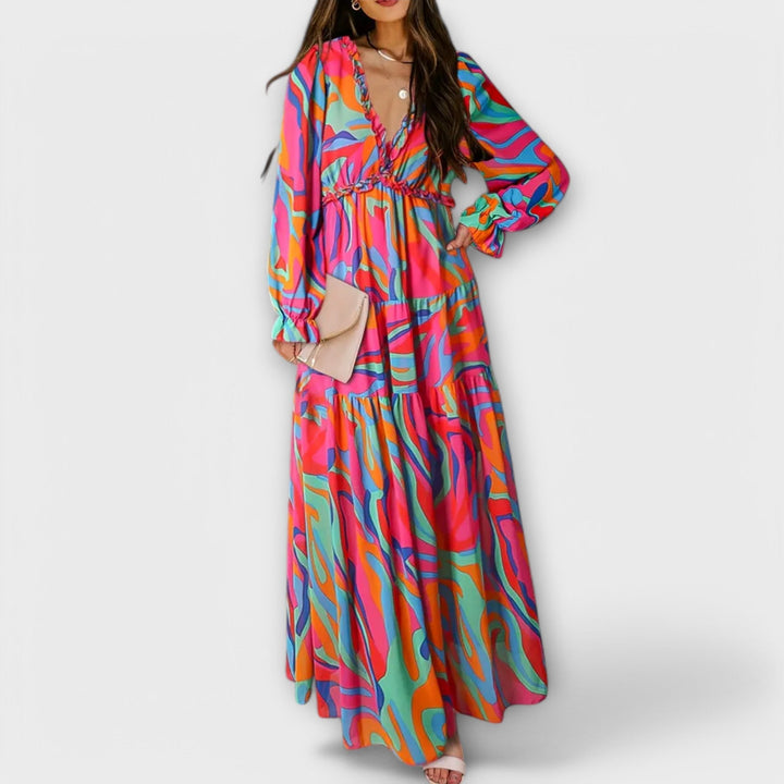 Vestido Maxi Floral Elegante de Manga Larga