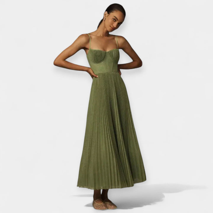 Vestido Midi Elegante de Tul Plisado con Corsé