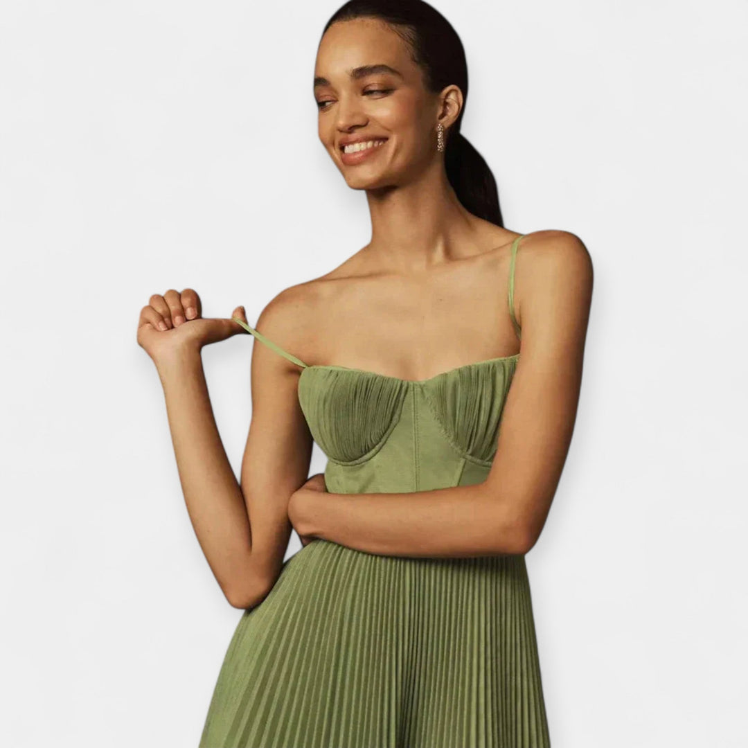 Vestido Midi Elegante de Tul Plisado con Corsé