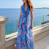 Teresa | Vestido Maxi Floral con Escote Halter y Cuerpo Fruncido