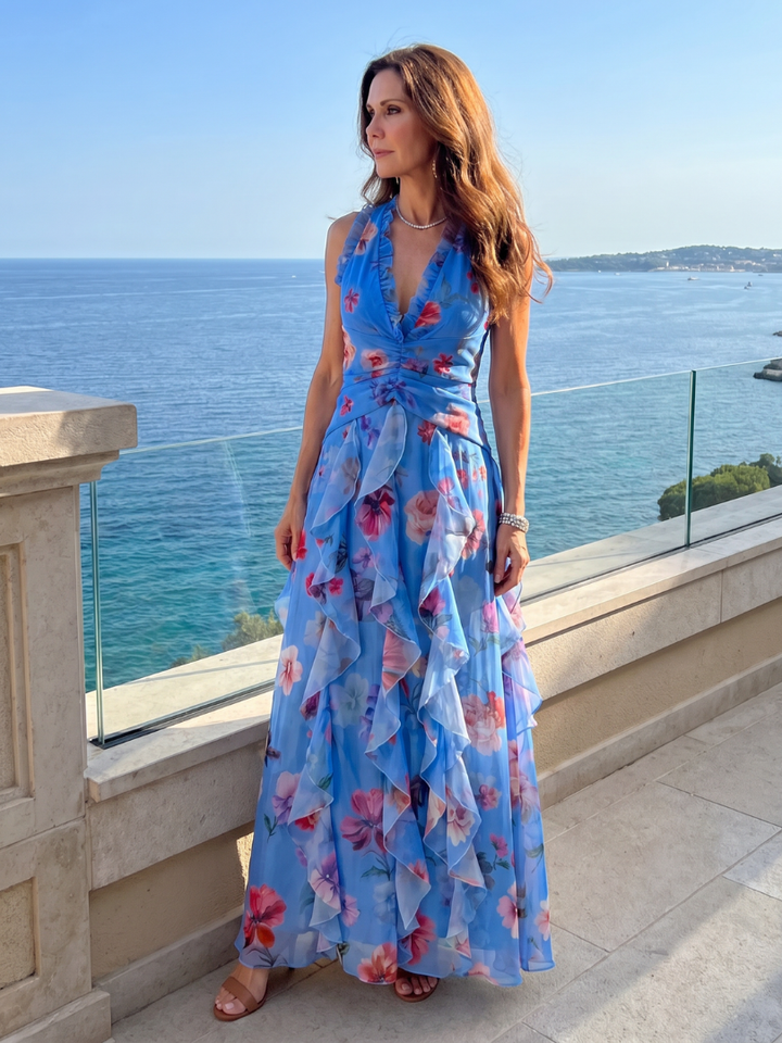 Teresa | Vestido Maxi Floral con Escote Halter y Cuerpo Fruncido