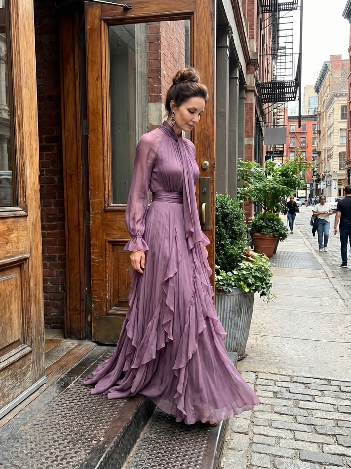 Gabriela | Vestido Maxí Ruffle con Cuello de Lazo