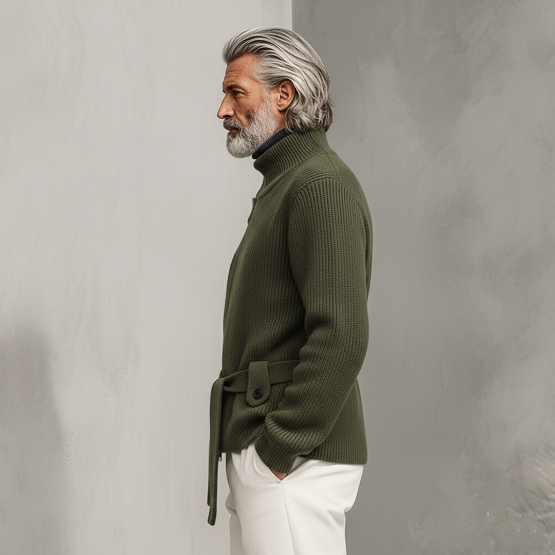 Cárdigan de punto clásico informal para hombre con cremallera, cuello alto y cinturón