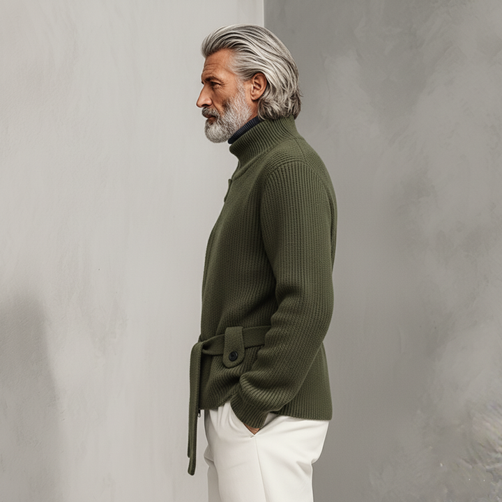 Cárdigan de punto clásico informal para hombre con cremallera, cuello alto y cinturón