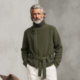 Cárdigan de punto clásico informal para hombre con cremallera, cuello alto y cinturón