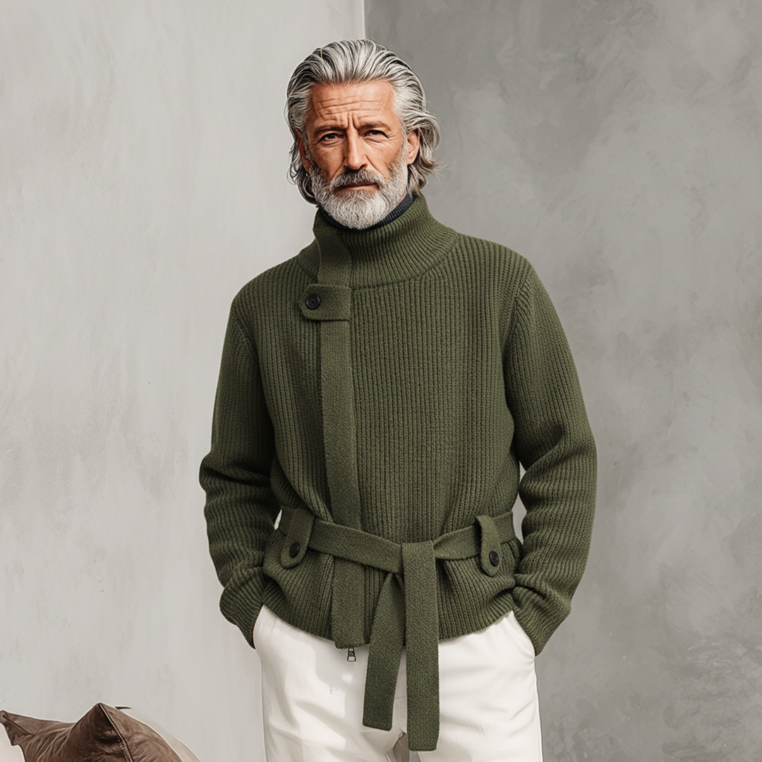 Cárdigan de punto clásico informal para hombre con cremallera, cuello alto y cinturón