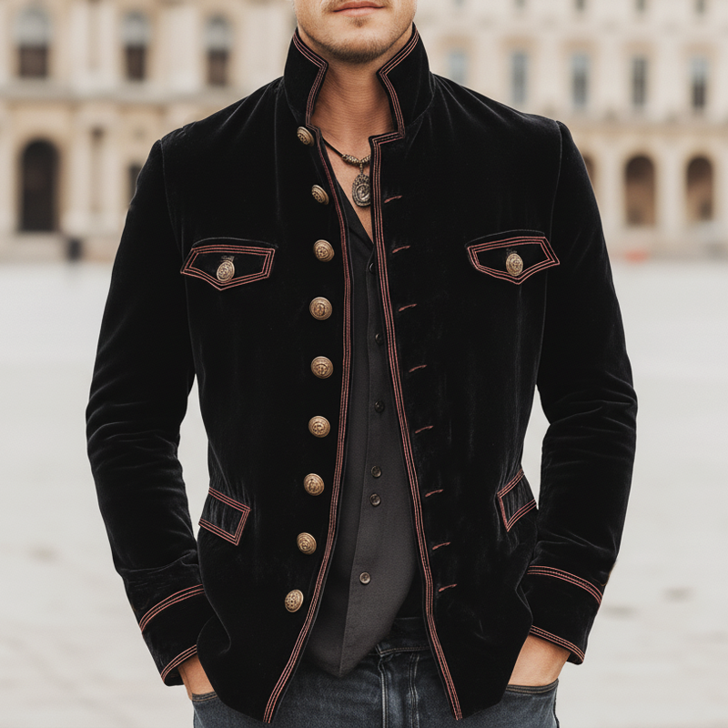Men's Slim-Fit Vintage Velvet Jacket with Stand Collar and Multi-Button Embroidery - MTA1188K3U