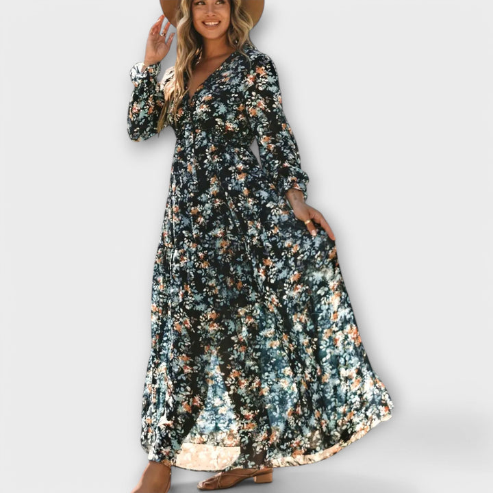 Vestido Maxi Floral Elegante de Manga Larga