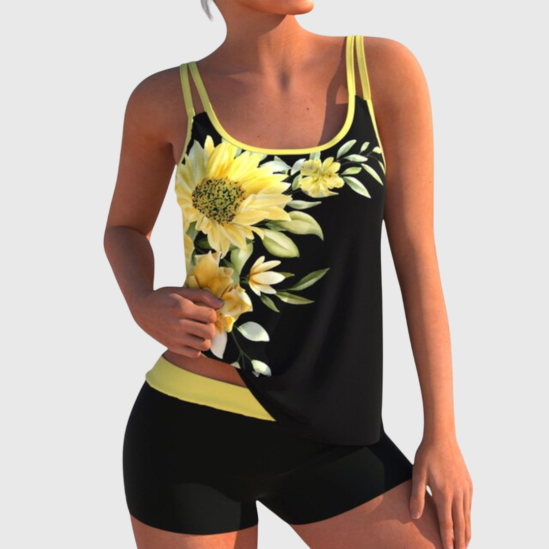 Tankini negro con estampado floral para mujer