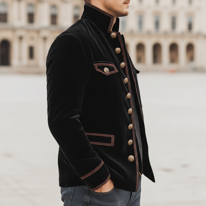 Men's Slim-Fit Vintage Velvet Jacket with Stand Collar and Multi-Button Embroidery - MTA1188K3U