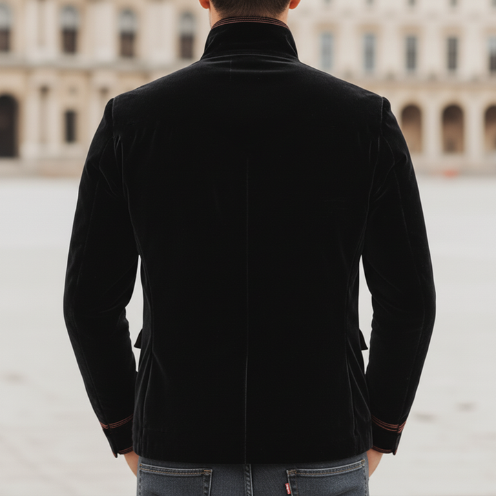 Men's Slim-Fit Vintage Velvet Jacket with Stand Collar and Multi-Button Embroidery - MTA1188K3U