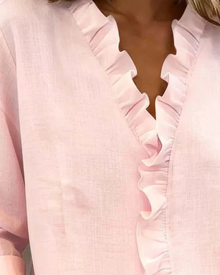 Vera | Blusa con Volantes, Escote en V y Mangas Largas