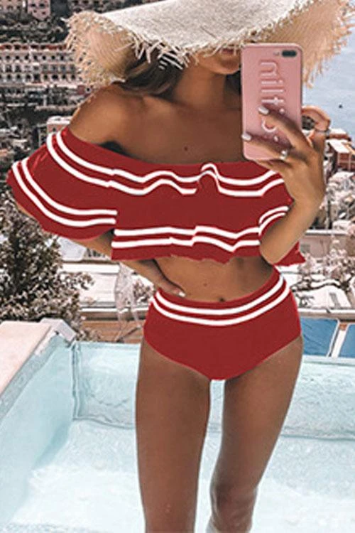 Bikini de rayas blanco y negro con volante al hombro para mujer