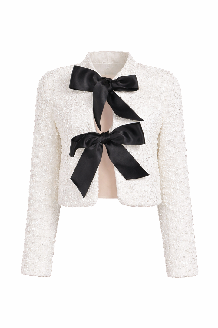 Chaqueta Elegante Brillante con Detalles de Pajarita Negra