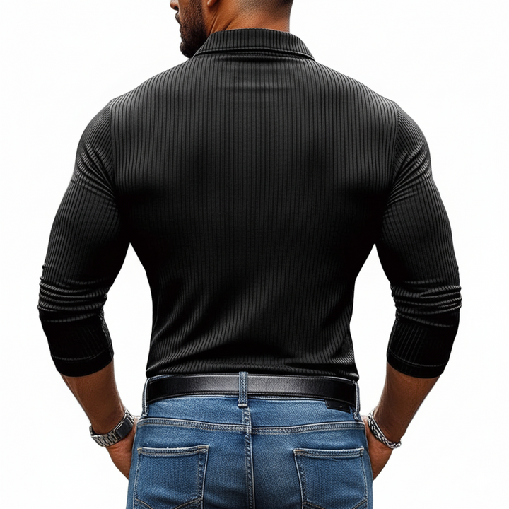 Men's Long-Sleeved Striped Textured Polo Shirt with Elastic - MTA1139J2X