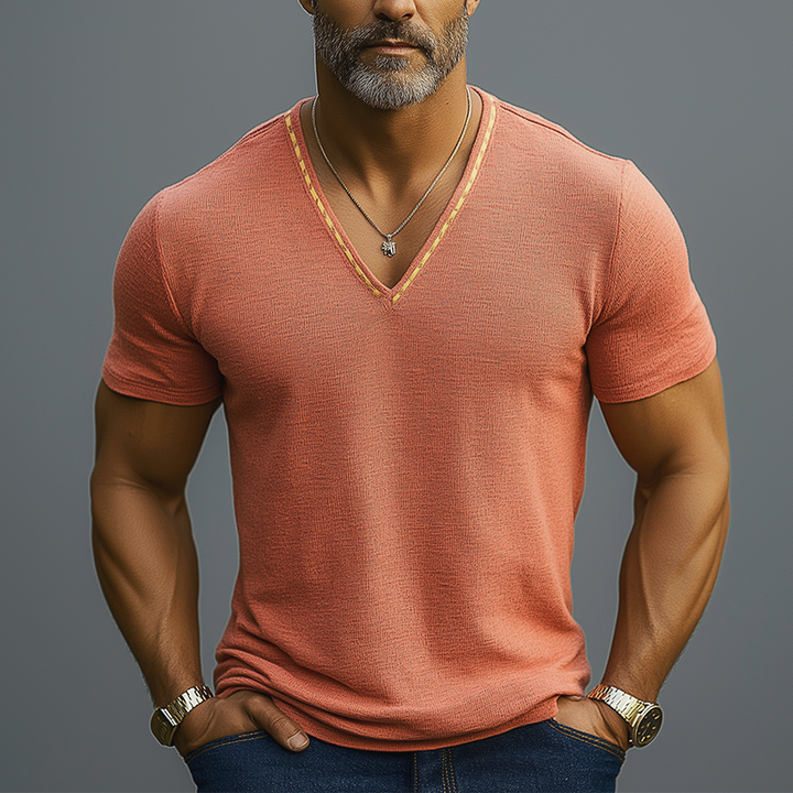 Men's Lightweight Embroidered Linen V-Neck Short Sleeve T-Shirt - Summer Style MTA0487F2P