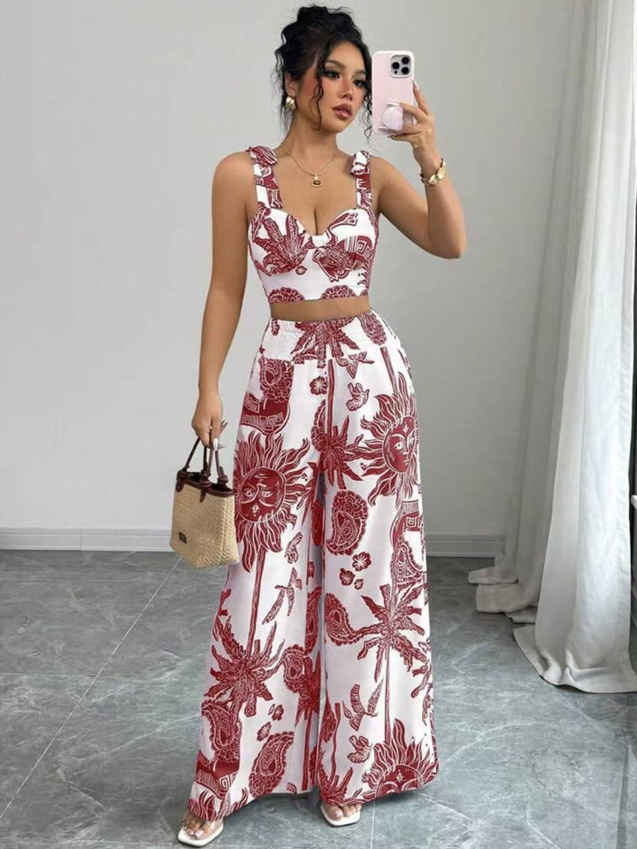 VONY™ – Chic Bohemian Print Crop Top and Wide-Leg Pants Ensemble