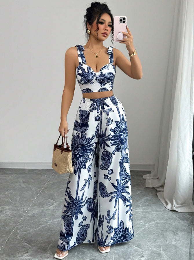 VONY™ – Chic Bohemian Print Crop Top and Wide-Leg Pants Ensemble