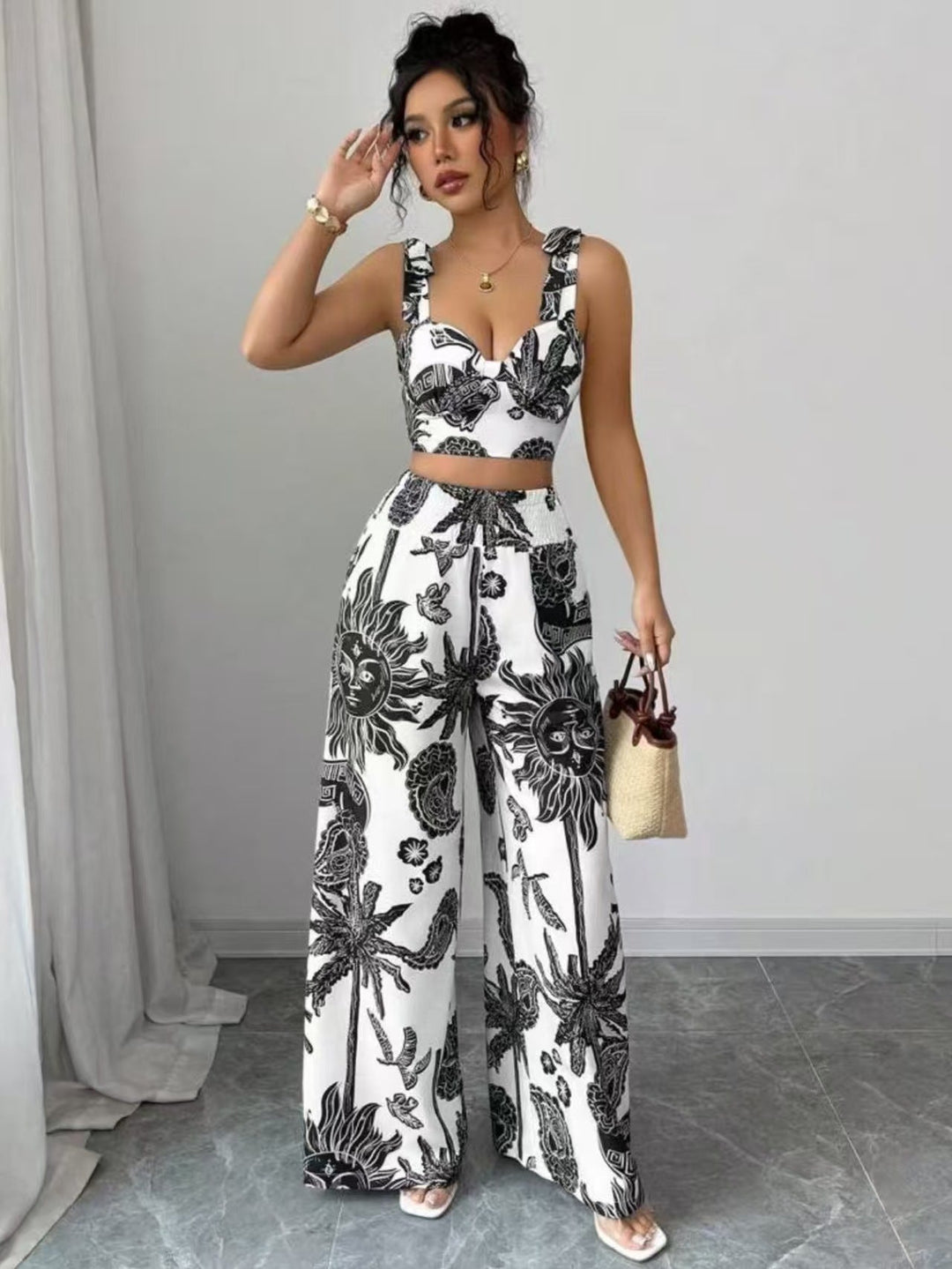VONY™ – Chic Bohemian Print Crop Top and Wide-Leg Pants Ensemble