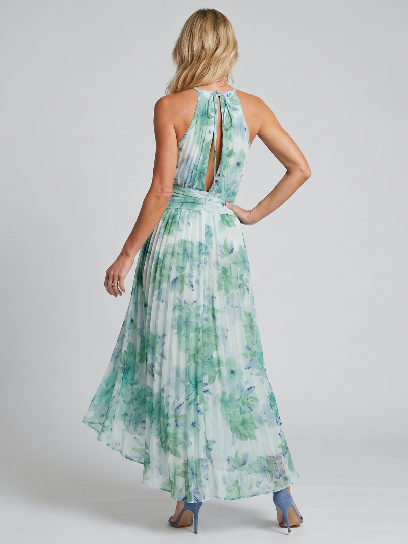 Adriana | Vestido Midi de Patrón Floral con Pliegues y Cuello Halter