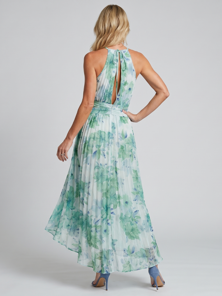 Adriana | Vestido Midi de Patrón Floral con Pliegues y Cuello Halter