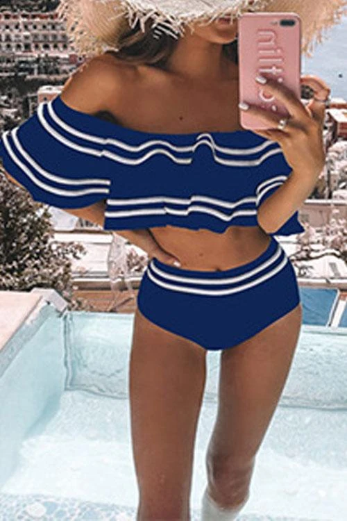 Bikini de rayas blanco y negro con volante al hombro para mujer