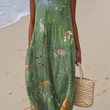 Vestido sin mangas con bolsillos y estampado vintage de animales del bosque