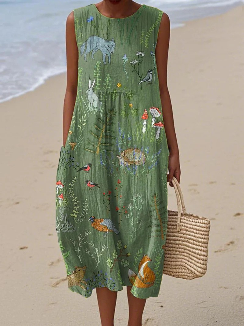 Vestido sin mangas con bolsillos y estampado vintage de animales del bosque