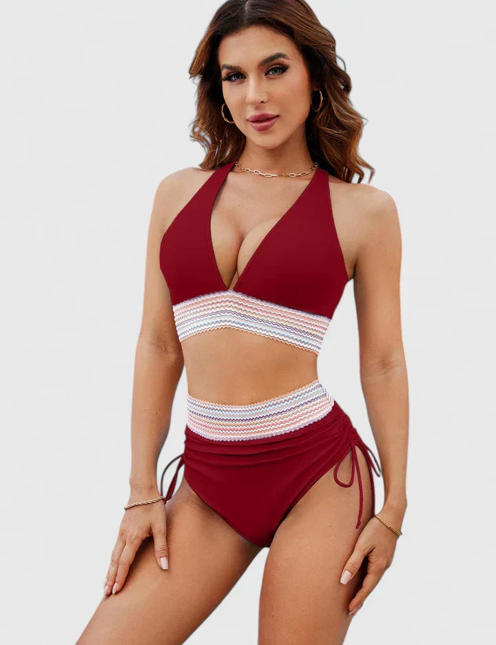 Bikini verde salvia de talle alto con top cruzado para mujer