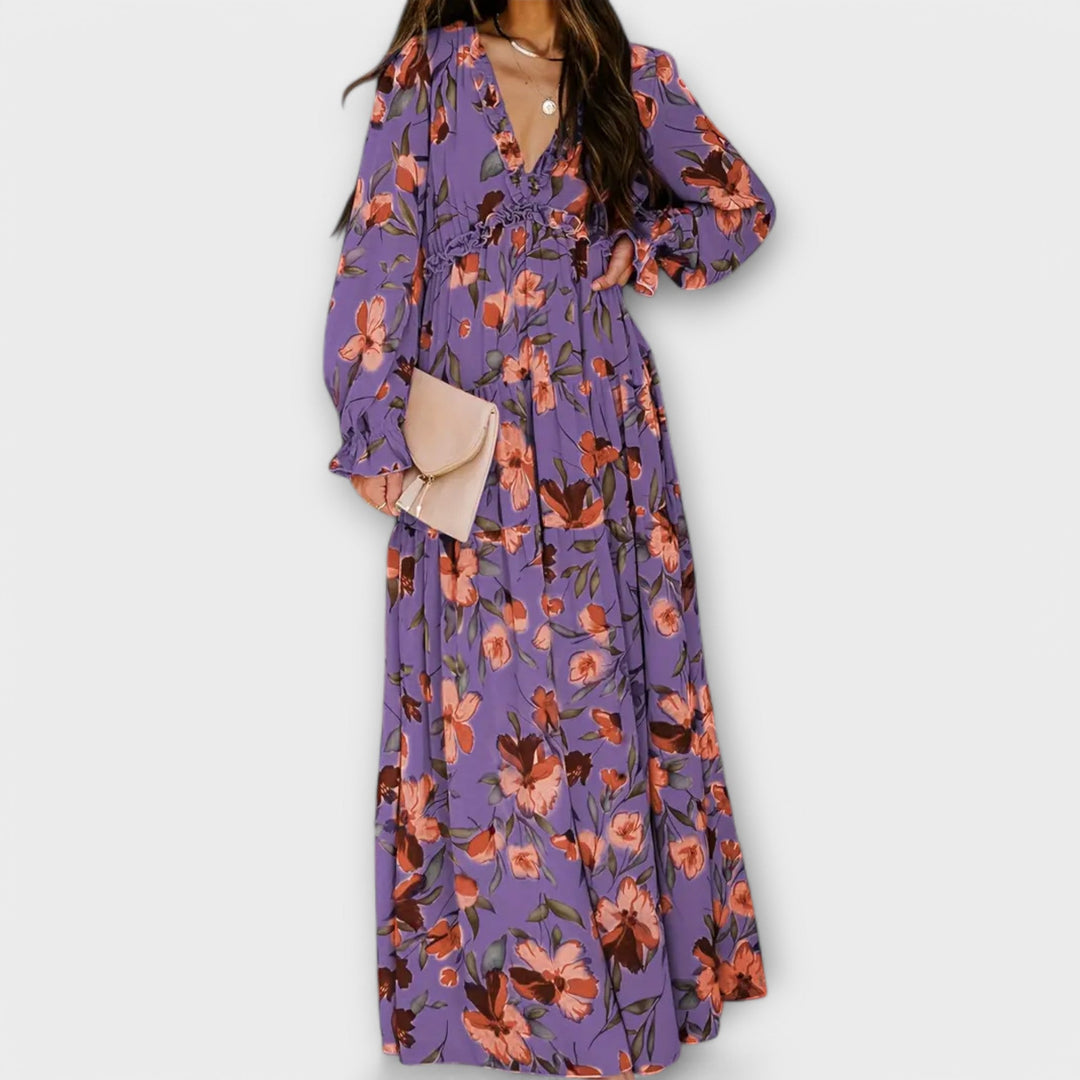 Vestido Maxi Floral Elegante de Manga Larga