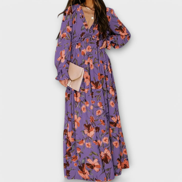 Vestido Maxi Floral Elegante de Manga Larga