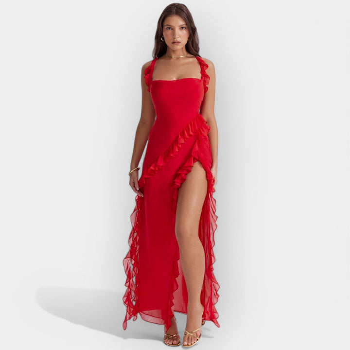 Vestido Fluido con Abertura y Volantes Elegantes