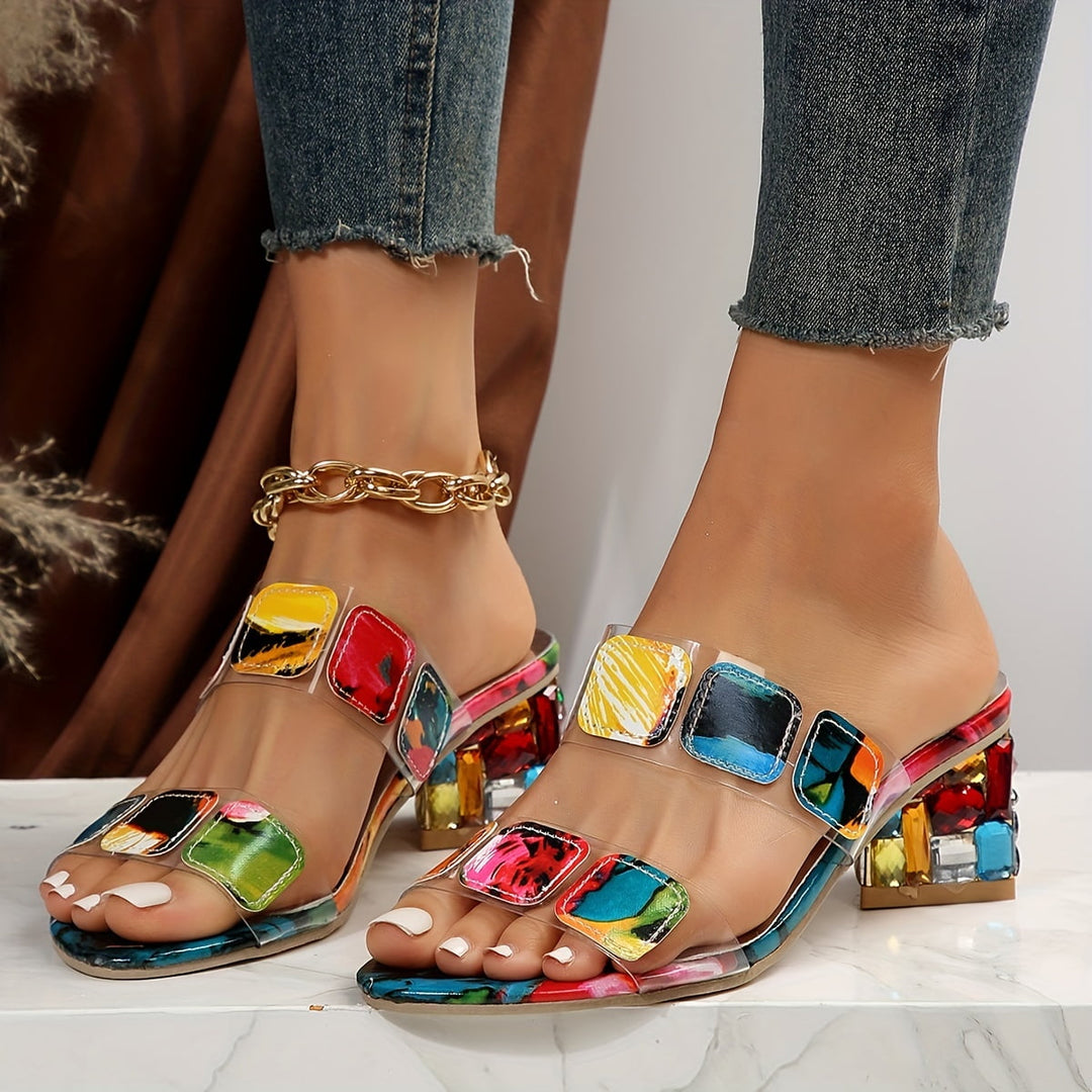 Sandalia de tacón con piedras de colores para mujer