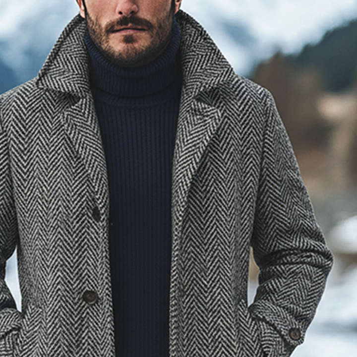 Men's Mid-Length Herringbone Blend Lapel Coat - Model MTA0605K1X