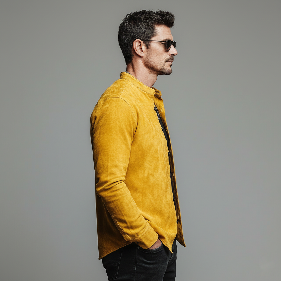 Men's Classic Casual Long-Sleeve Stand-Collar Faux Suede Shirt - MTA2492L8K