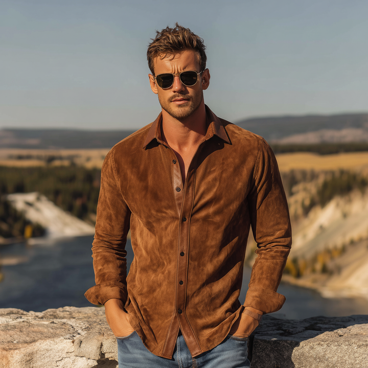 Men's Slim-Fit Classic Western PU Leather Lapel Long-Sleeve Shirt in Faux Suede - Model MTA1690L3K