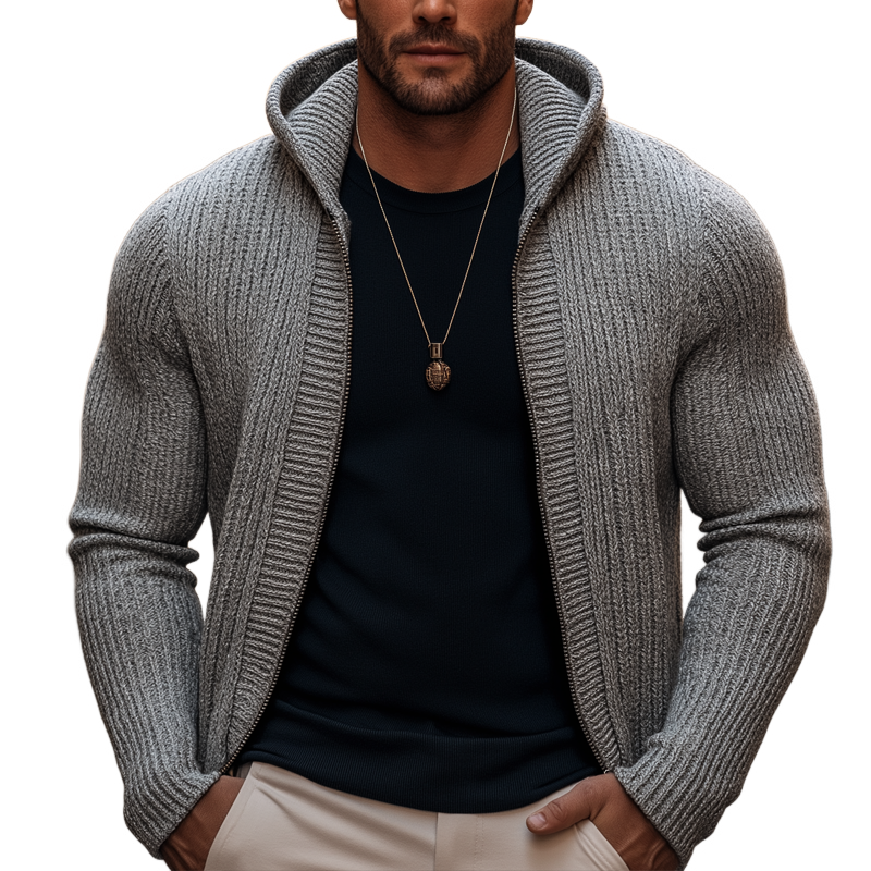 Men's Slim Fit Solid Color Hooded Knit Cardigan - MTA1113K7U