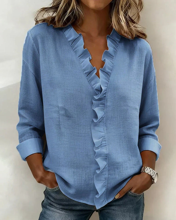 Vera | Blusa con Volantes, Escote en V y Mangas Largas