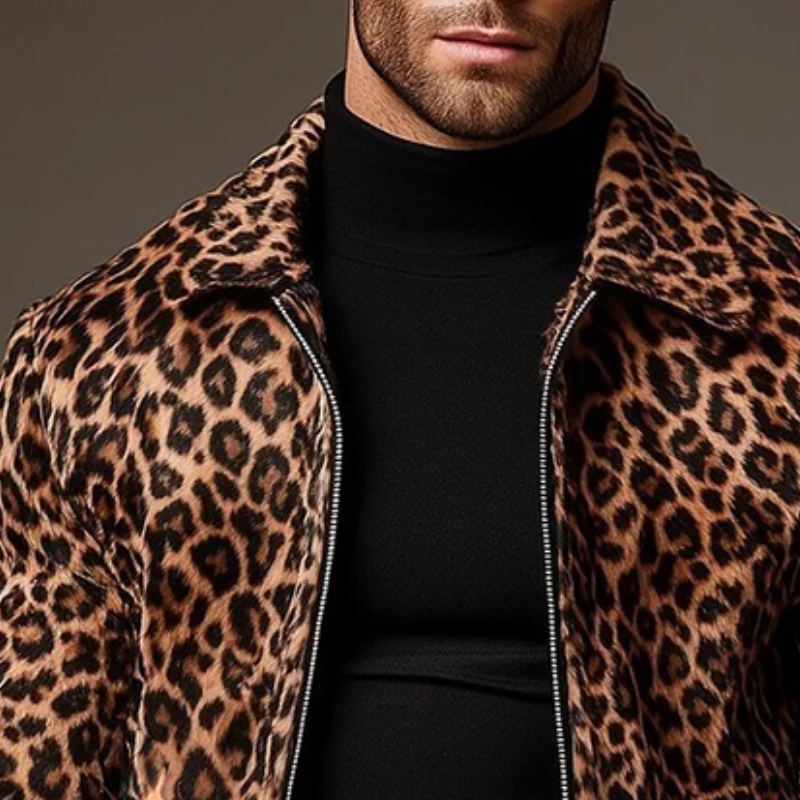Men's Vintage-Inspired Leopard Print Faux Suede Zip-Up Jacket with Lapel - Model MTA1173K6TO