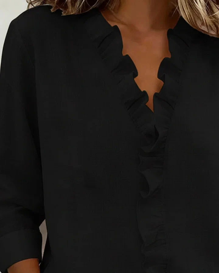 Vera | Blusa con Volantes, Escote en V y Mangas Largas