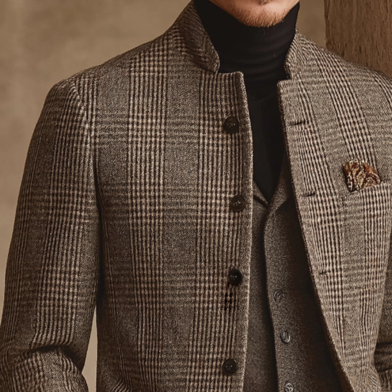 Men's Vintage-Inspired Tweed Plaid Stand Collar Jacket - MTA1165K3TO