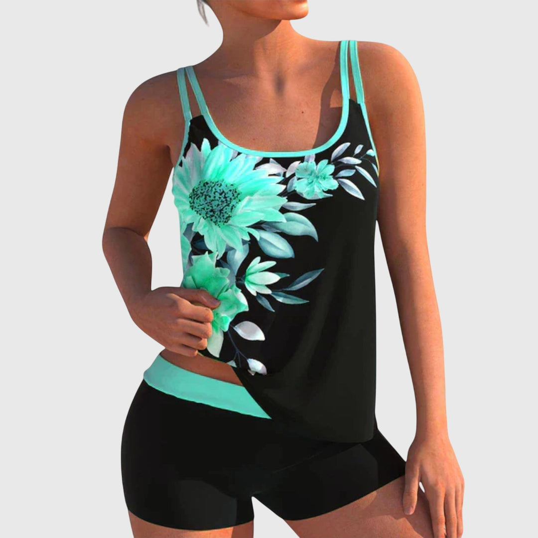 Tankini negro con estampado floral para mujer