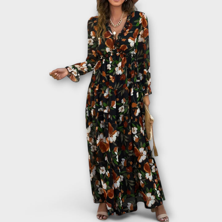 Vestido Maxi Floral Elegante de Manga Larga
