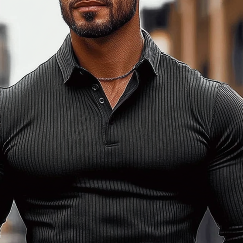 Men's Long-Sleeved Striped Textured Polo Shirt with Elastic - MTA1139J2X